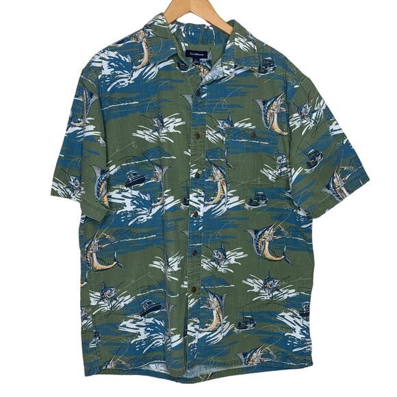 Croft & Barrow Hawaiian Shirt Marlin Fishing Short Sleeve Button Up Men's Size L - Picture 1 of 7